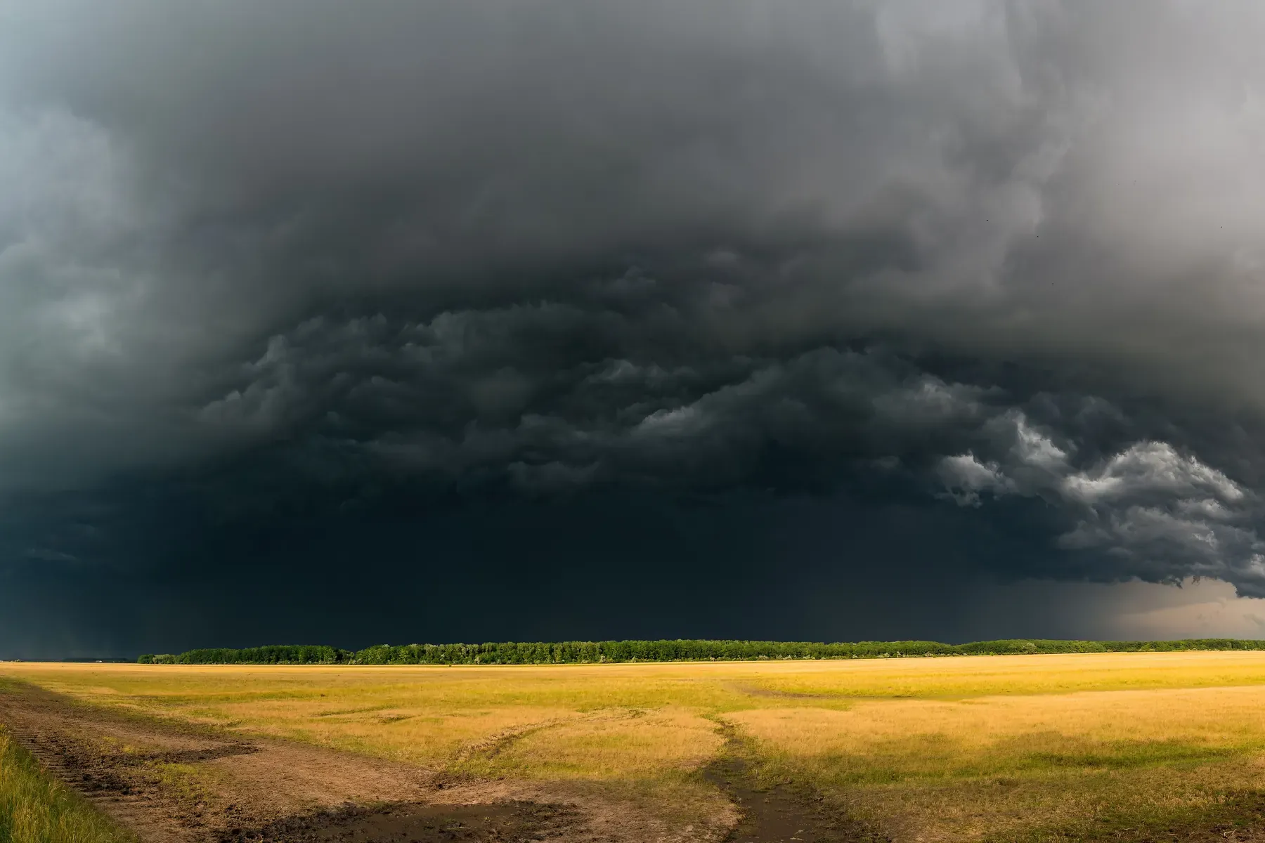 Zware stormwolken bouwen zich op boven een open groen veld